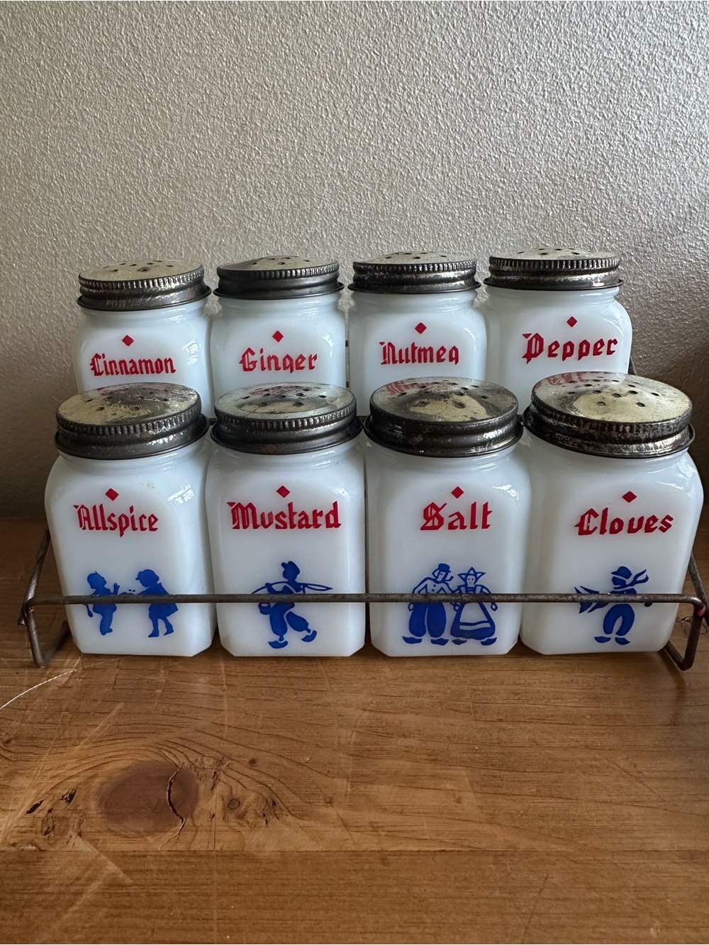 Vintage White Milk Glass Spice Jar Set with Blue and Red Graphics